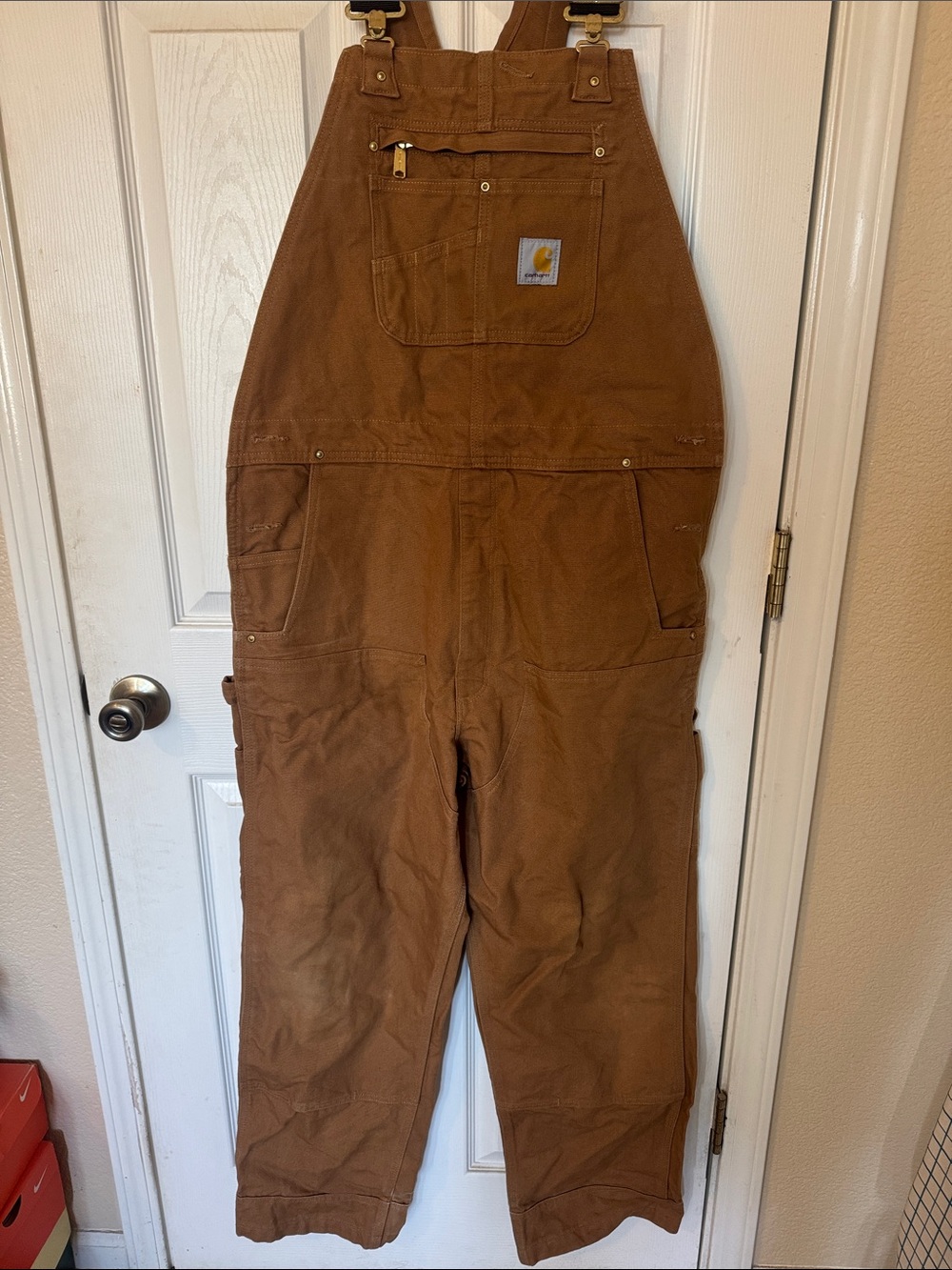 Carhartt mens Brown Duck Canvas Overalls with Front Bib Pocket 38x32 relaxed fit
